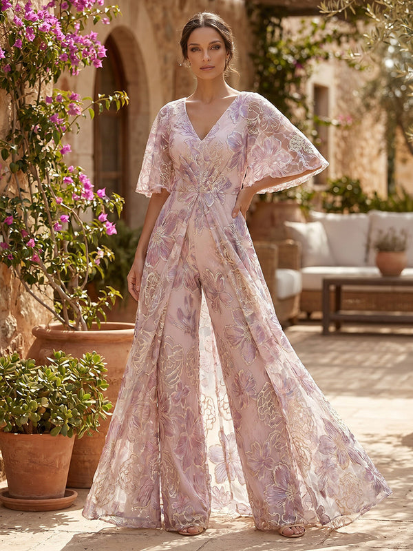 Jacquard Pantsuit V-Neck Floor-Length Mother of the Bride & Groom Dresses with Ruched Waist