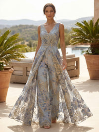 Jacquard Pantsuit V-Neck Floor-Length Mother of the Bride & Groom Dresses with Ruched Waist