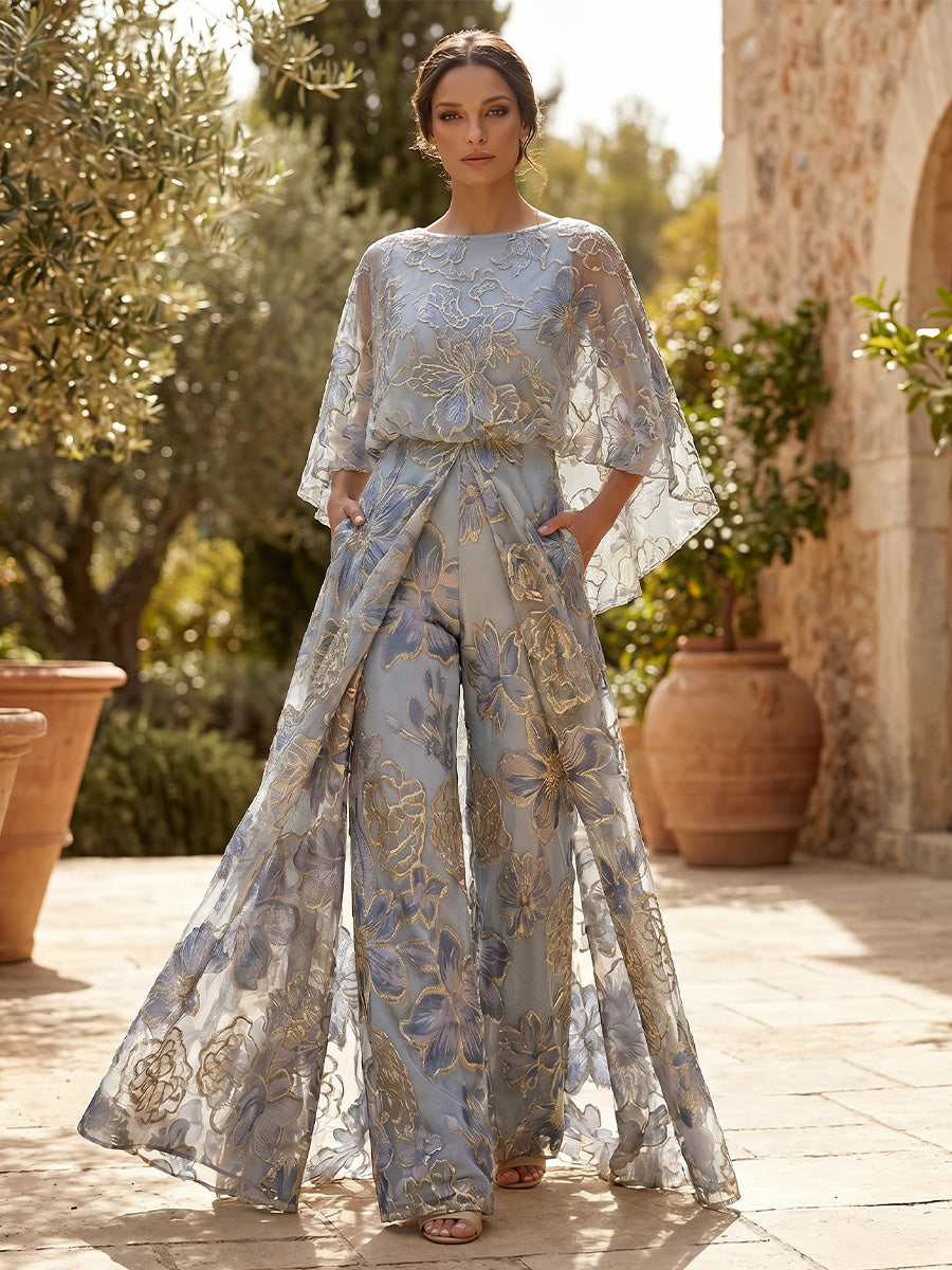 Jacquard Pantsuit Scoop Neck Floor-Length Mother of the Bride & Groom Dresses with Pockets