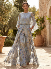 Jacquard Pantsuit Scoop Neck Floor-Length Mother of the Bride & Groom Dresses with Pockets