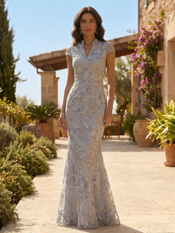 Jacquard Mermaid/Trumpet V-Neck Floor-Length Mother of the Bride & Groom Dresses for Women