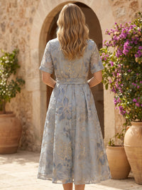 Jacquard A-Line/Princess V-Neck Tea-Length Mother of the Bride & Groom Dresses with Belt & Pockets