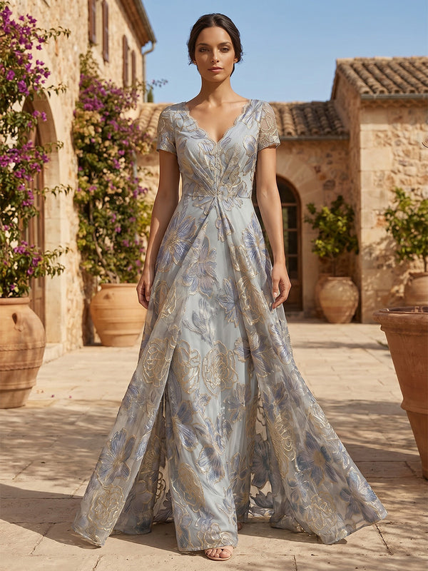 Jacquard Sheath/Column V-Neck Floor-Length Mother of the Bride & Groom Dresses with Ruched Waist