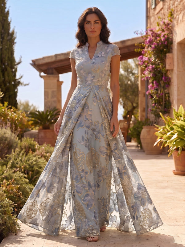 Jacquard Sheath/Column V-Neck Floor-Length Mother of the Bride & Groom Dresses with Ruched Waist
