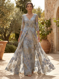 Jacquard Sheath/Column V-Neck Floor-Length Mother of the Bride & Groom Dresses with Ruched Waist