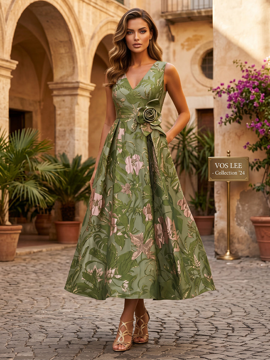 Jacquard A-Line/Princess V-Neck Tea-Length Mother of the Bride & Groom Dresses with Ruched Waist & Pockets