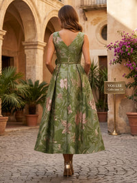 Jacquard A-Line/Princess V-Neck Tea-Length Mother of the Bride & Groom Dresses with Ruched Waist & Pockets