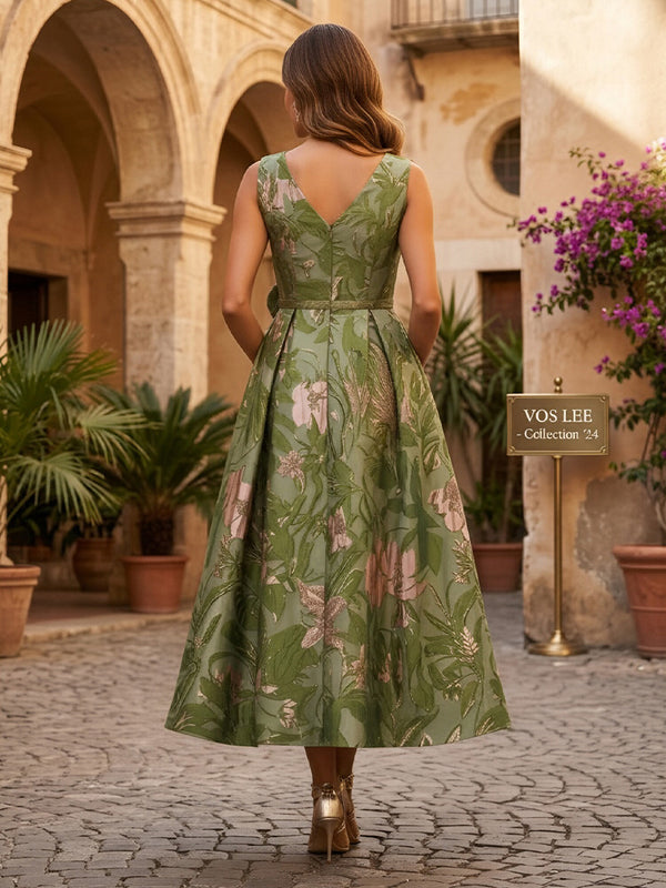 Jacquard A-Line/Princess V-Neck Tea-Length Mother of the Bride & Groom Dresses with Ruched Waist & Pockets