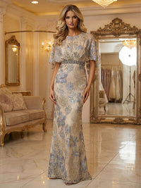 Sheath/Column Jacquard 3/4 Sleeves Floor-Length Mother of the Bride & Groom Dresses with Ruched Waist, Rhinestones & Scoop Neck