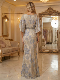 Sheath/Column Jacquard 3/4 Sleeves Floor-Length Mother of the Bride & Groom Dresses with Ruched Waist, Rhinestones & Scoop Neck