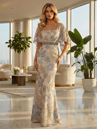 Sheath/Column Jacquard 3/4 Sleeves Floor-Length Mother of the Bride & Groom Dresses with Ruched Waist, Rhinestones & Square Neck