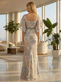 Sheath/Column Jacquard 3/4 Sleeves Floor-Length Mother of the Bride & Groom Dresses with Ruched Waist, Rhinestones & Square Neck