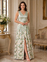 Floral Print A-Line/Princess V-Neck Floor-Length Mother of the Bride & Groom Dresses with Ruched Waist & Slit