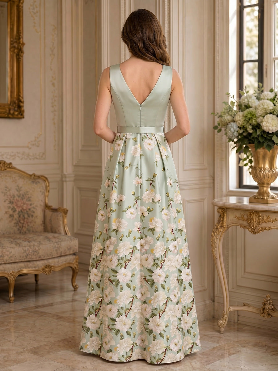 Floral Print A-Line/Princess V-Neck Floor-Length Mother of the Bride & Groom Dresses with Ruched Waist & Slit