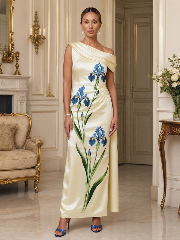 Floral Print Sheath/Column Off Shoulder Floor-Length Mother of the Bride & Groom Dresses with Ruched Waist