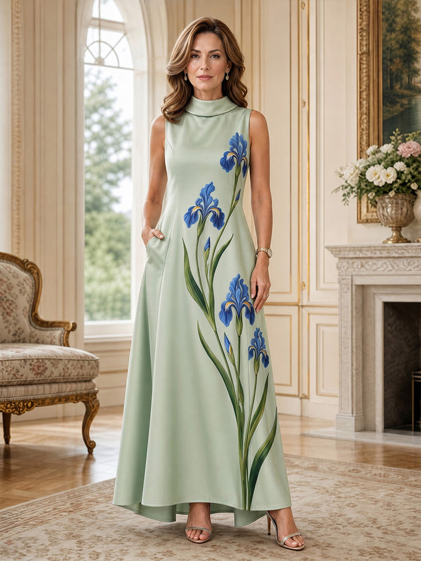 Floral Print A-Line/Princess High Neck Floor-Length Mother of the Bride & Groom Dresses with Pockets