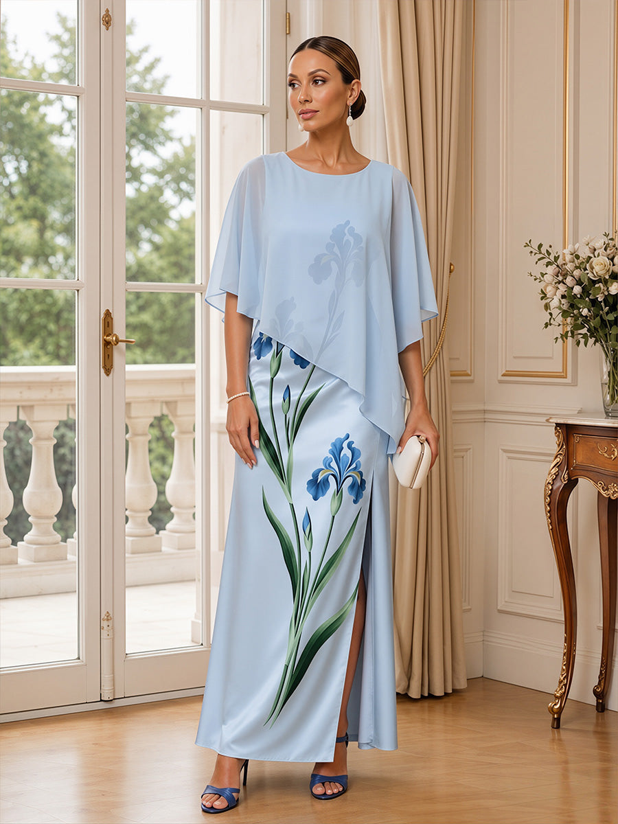 Floral Print A-Line/Princess Scoop Neck Floor-Length Mother of the Bride & Groom Dresses with Chiffon Cape & Slit