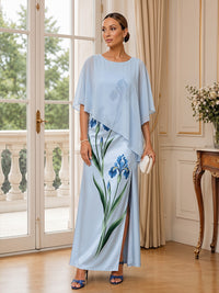 Floral Print A-Line/Princess Scoop Neck Floor-Length Mother of the Bride & Groom Dresses with Chiffon Cape & Slit
