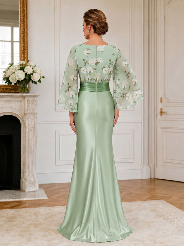 Floral Print Sheath/Column V-Neck Floor-Length Mother of the Bride & Groom Dresses with Ruched Waist