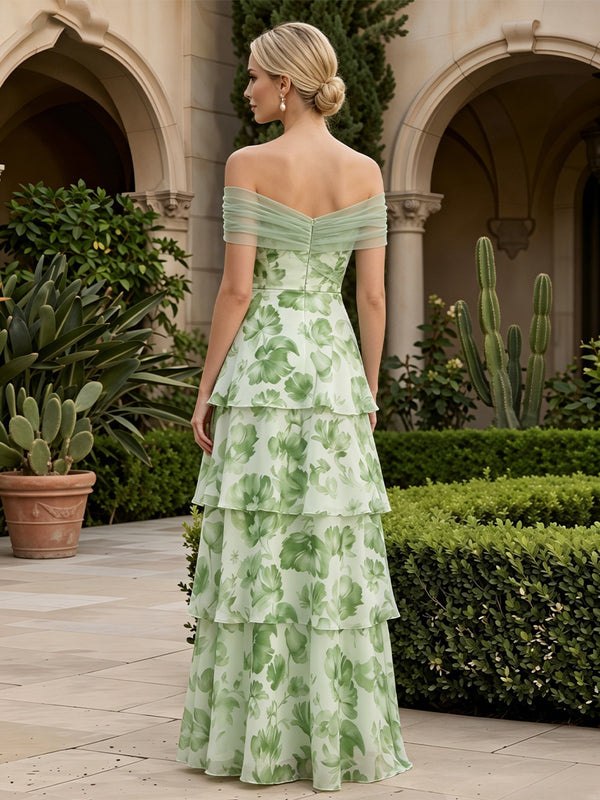 Floral Print A-Line/Princess Off Shoulder Floor-Length Mother of the Bride & Groom Dresses with Tiered Layers