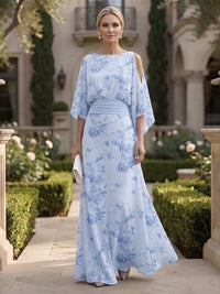 Floral Print A-Line/Princess Scoop Neck Floor-Length Mother of the Bride & Groom Dresses with Ruched Waist