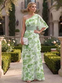 Floral Print A-Line/Princess One Shoulder Floor-Length Mother of the Bride & Groom Dresses with Ruffles & Ruched Waist