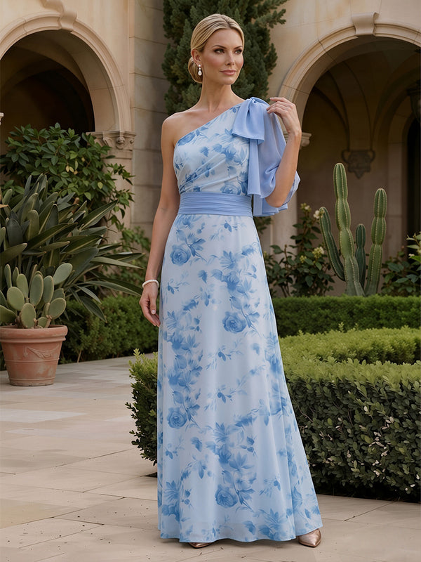 Floral Print A-Line/Princess One Shoulder Floor-Length Mother of the Bride & Groom Dresses with Ruched Waist