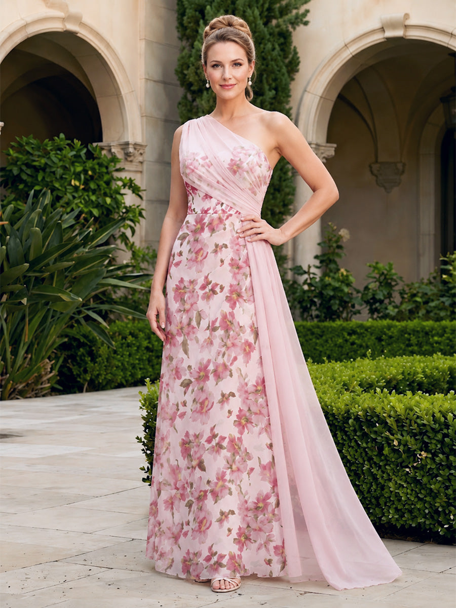 Floral Print A-Line/Princess One Shoulder Floor-Length Mother of the Bride & Groom Dresses with Ruched Bodice