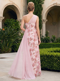 Floral Print A-Line/Princess One Shoulder Floor-Length Mother of the Bride & Groom Dresses with Ruched Bodice
