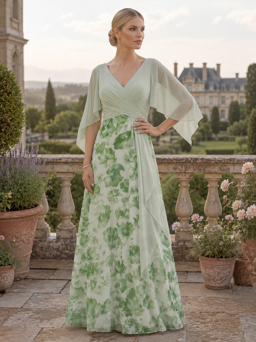 Floral Print A-Line/Princess V-Neck Floor-Length Mother of the Bride & Groom Dresses with Ruffles & Ruched Waist