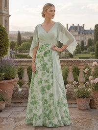 Floral Print A-Line/Princess V-Neck Floor-Length Mother of the Bride & Groom Dresses with Ruffles & Ruched Waist