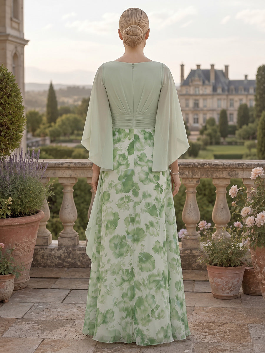 Floral Print A-Line/Princess V-Neck Floor-Length Mother of the Bride & Groom Dresses with Ruffles & Ruched Waist