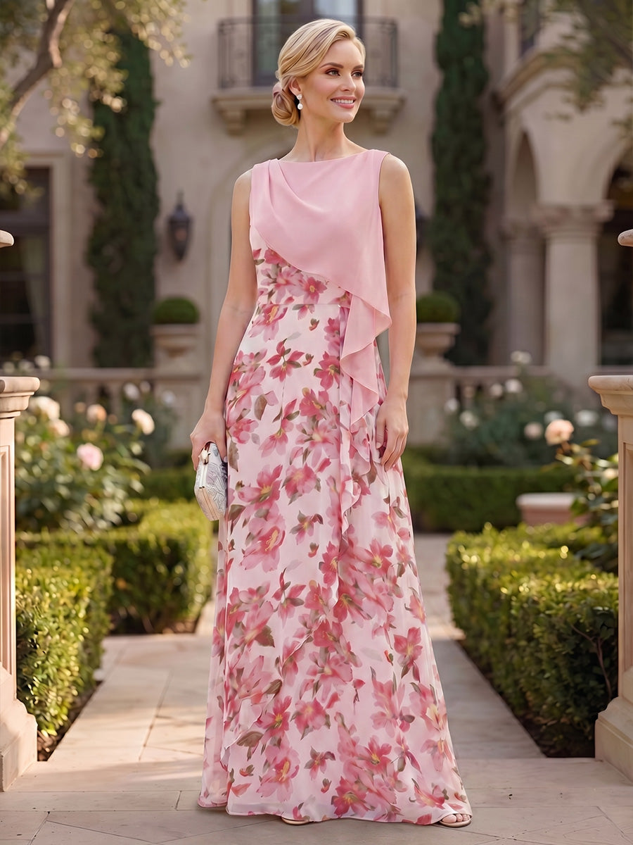 Floral Print A-Line/Princess Scoop Neck Floor-Length Mother of the Bride & Groom Dresses with Ruffles