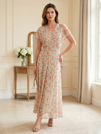 Floral Print A-Line/Princess V-Neck Floor-Length Mother of the Bride & Groom Dresses for Women