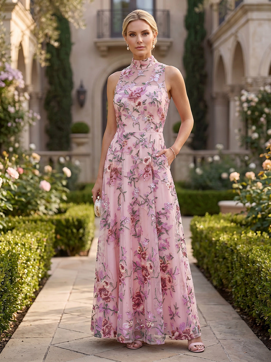 Lace Embroidery A-Line/Princess High Neck Floor-Length Mother of the Bride & Groom Dresses with Pleats & Pockets