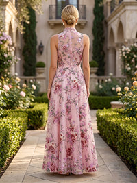 Lace Embroidery A-Line/Princess High Neck Floor-Length Mother of the Bride & Groom Dresses with Pleats & Pockets