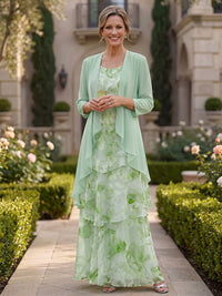 Floral Print A-Line/Princess Scoop Neck Floor-Length Mother of the Bride & Groom Dresses with Tiered Layers & Ruffles