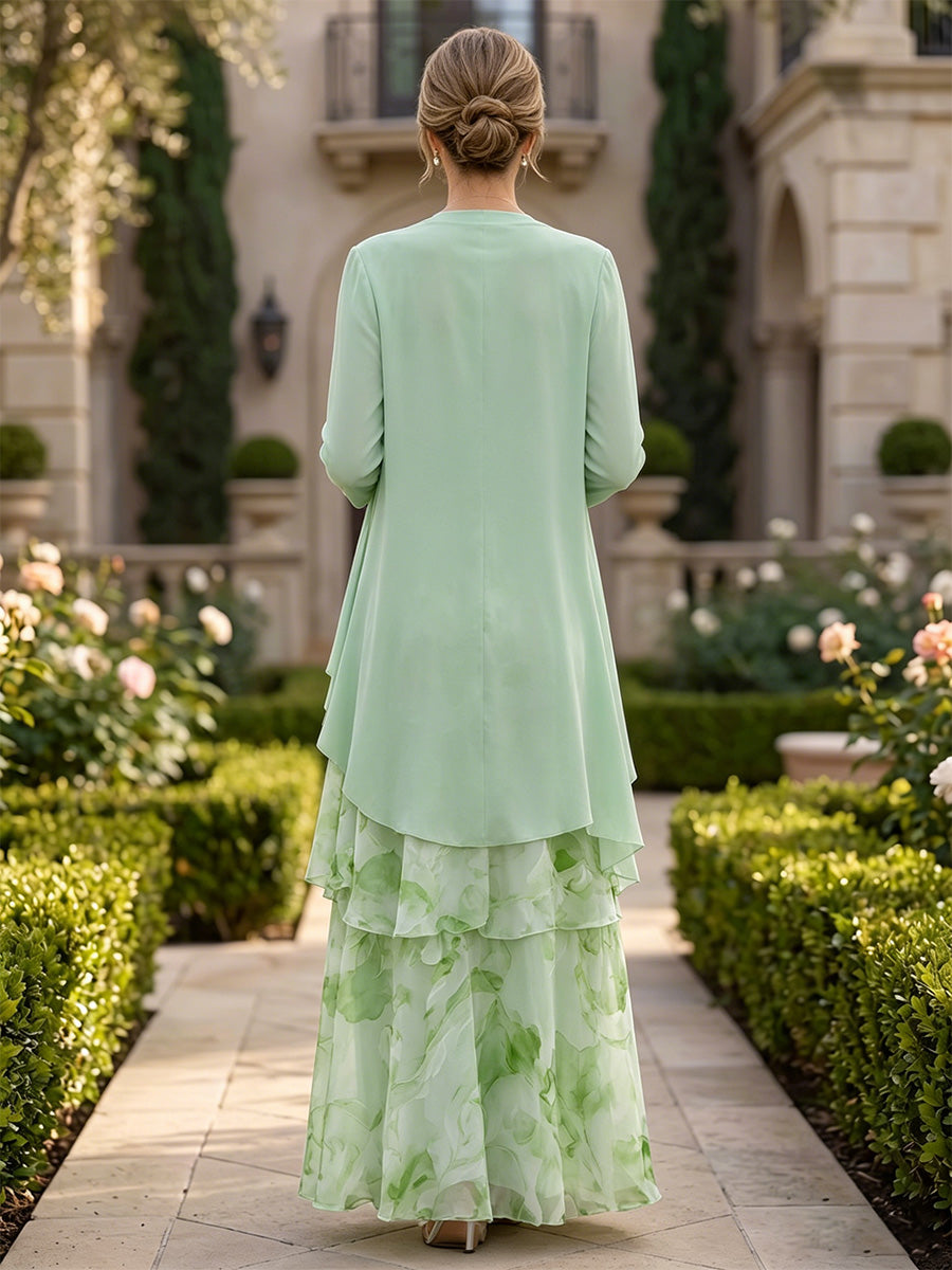 Floral Print A-Line/Princess Scoop Neck Floor-Length Mother of the Bride & Groom Dresses with Tiered Layers & Ruffles
