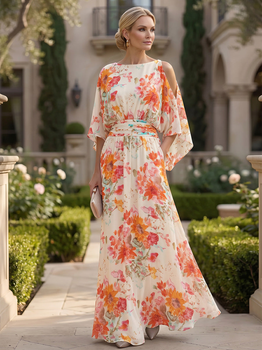Floral Print A-Line/Princess Scoop Neck Floor-Length Mother of the Bride & Groom Dresses with Ruched Waist & Pockets
