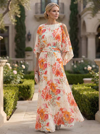 Floral Print A-Line/Princess Scoop Neck Floor-Length Mother of the Bride & Groom Dresses with Ruched Waist & Pockets