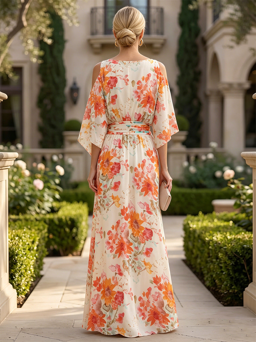 Floral Print A-Line/Princess Scoop Neck Floor-Length Mother of the Bride & Groom Dresses with Ruched Waist & Pockets