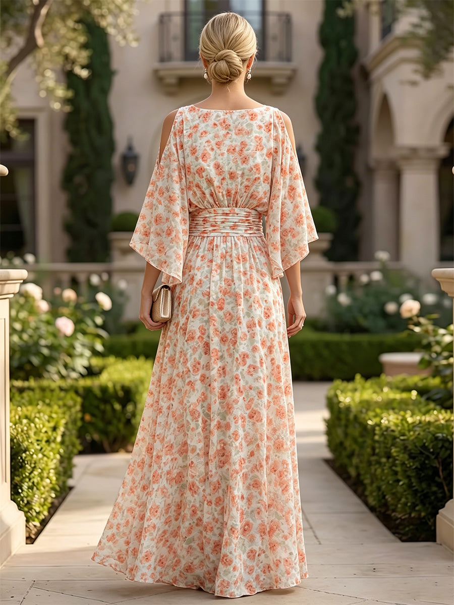 Floral Print A-Line/Princess Scoop Neck Floor-Length Mother of the Bride & Groom Dresses with Ruched Waist