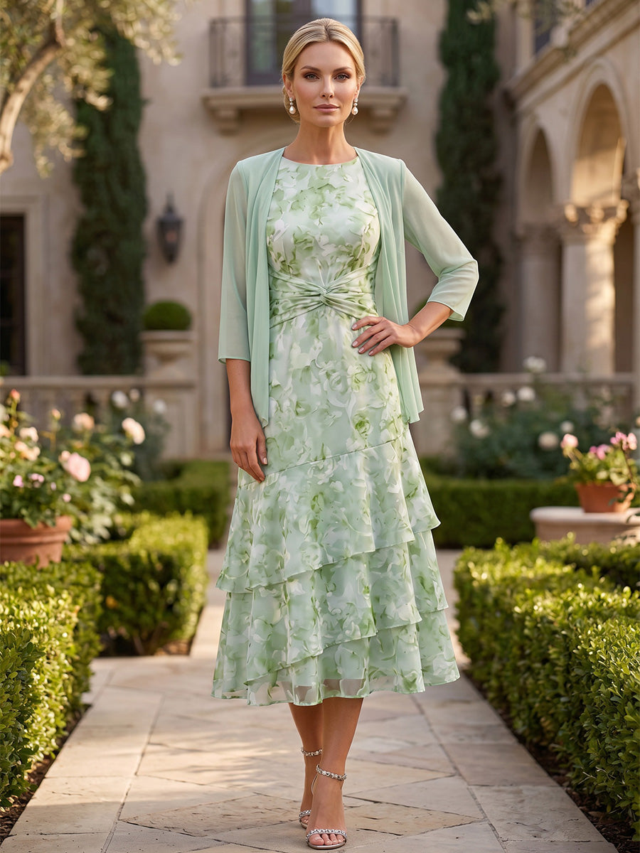 Floral Print A-Line/Princess Scoop Neck Tea-Length Mother of the Bride & Groom Dresses with Tiered Layers & Ruched Waist