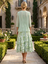 Floral Print A-Line/Princess Scoop Neck Tea-Length Mother of the Bride & Groom Dresses with Tiered Layers & Ruched Waist