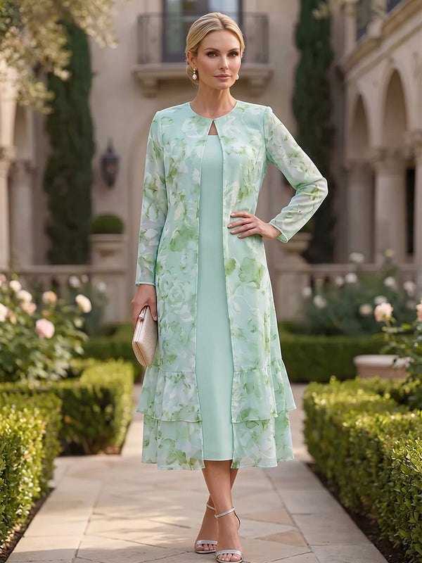 Floral Print A-Line/Princess Scoop Neck Tea-Length Mother of the Bride & Groom Dresses with Ruffles