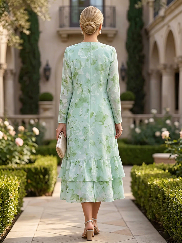 Floral Print A-Line/Princess Scoop Neck Tea-Length Mother of the Bride & Groom Dresses with Ruffles
