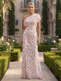 Floral Print A-Line/Princess Off Shoulder Floor-Length Mother of the Bride & Groom Dresses with Ruffles & Ruched Waist