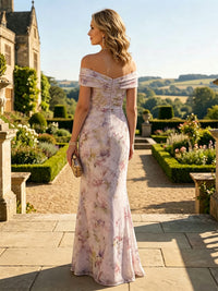 Floral Print Sheath/Column Off Shoulder Floor-Length Mother of the Bride & Groom Dresses with Ruched Waist