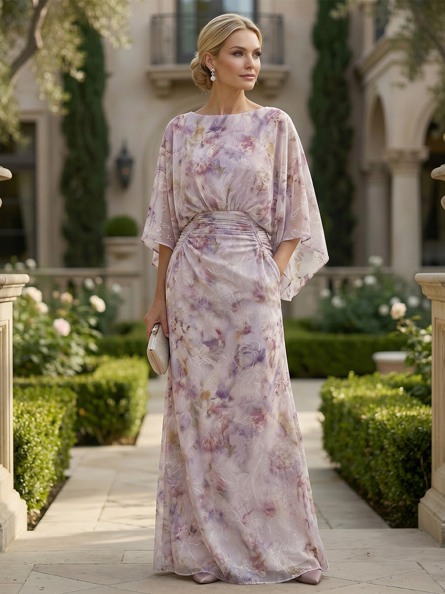 Floral Print A-Line/Princess Scoop Neck Floor-Length Mother of the Bride & Groom Dresses with Ruched Waist & Pockets