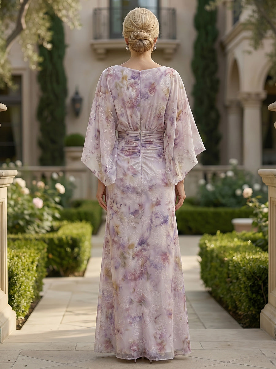 Floral Print A-Line/Princess Scoop Neck Floor-Length Mother of the Bride & Groom Dresses with Ruched Waist & Pockets